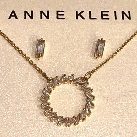 NEW Anne Klein 20" Circle NECKLACE & EARRINGS Set Gold Plate CZ Baguettes Boxed - Picture 1 of 5